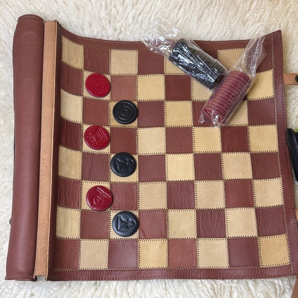 Portable Brown Leather Roll-Up Checkers & Chess Travel Board Game